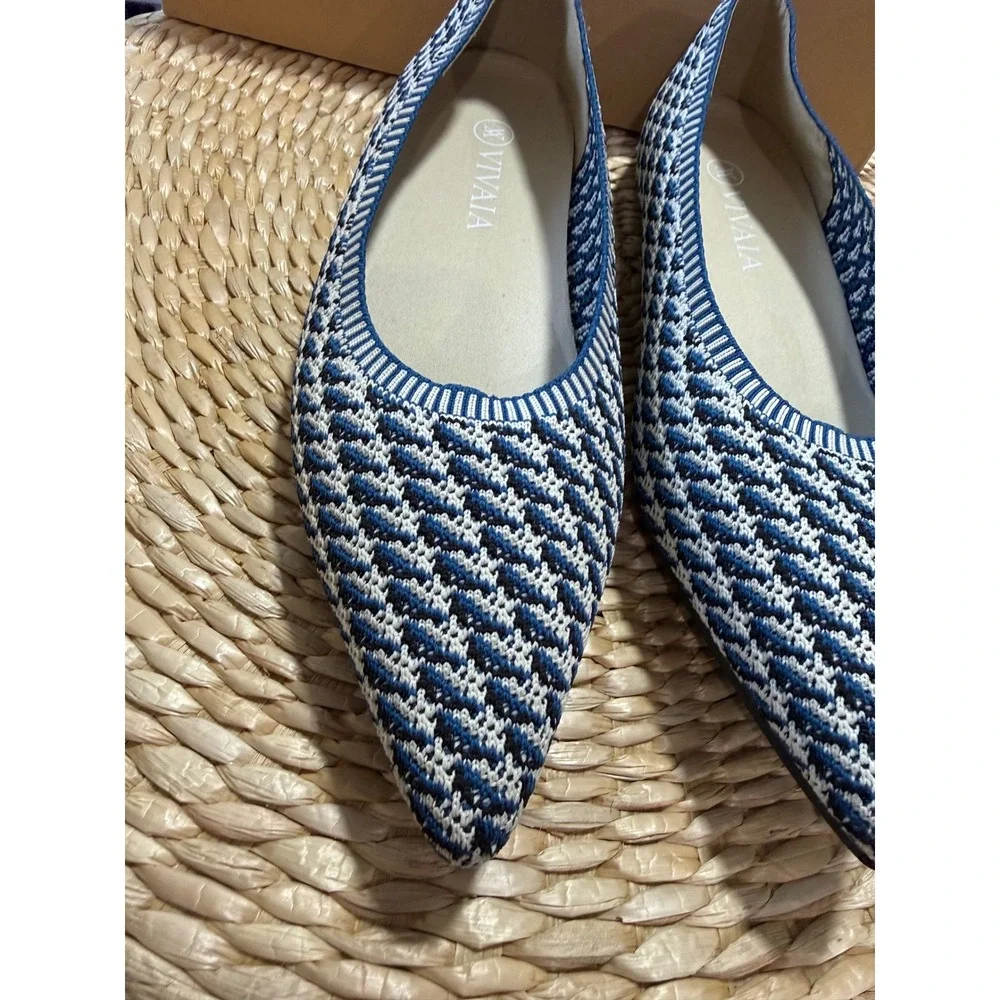 VIVAIA Pointed-Toe Knit Ballet Flats Blue & White Comfortable Chic‎ Shoes 9.5